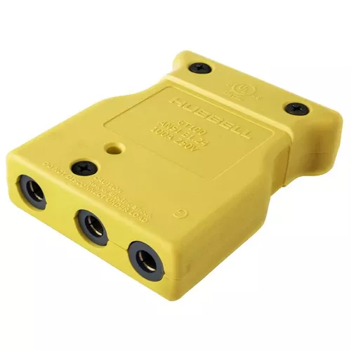 Hubbell HBL106SPF, Stage Pin Devices, Female Inline, 100A 250V, Double Set Screw Termination, Yellow