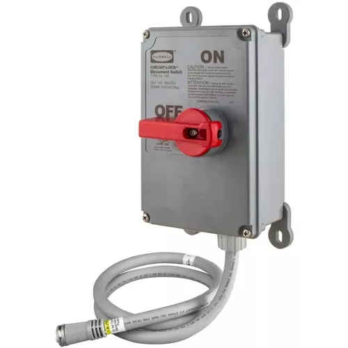Hubbell HBLDS3MQ5, Motor Quick Unfused Disconnect Switch with 5' Pre-Wired LINKOSITY Female Cable (Load Side), 30A 600V AC, 3-Pole, Nema 4X Non-Metallic Labelless Enclosure
