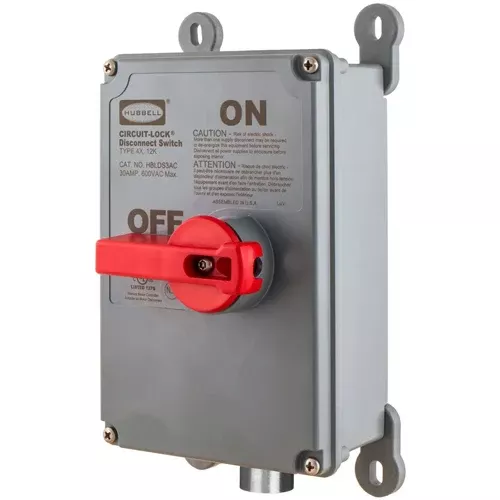 Hubbell HBLDS3MQR, Motor Quick Unfused Disconnect Switch with One Pre-Wired LINKOSITY Female Receptacle (Load Side), 30A 600V AC, 3-Pole, Nema 4X Non-Metallic Labelless Enclosure