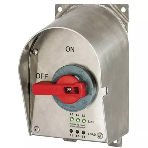 Hubbell HBLDS6SSRPAC, Circuit-Lock Unfused Disconnect Switch with HBLAC1 Auxiliary Contact and LED Indicators, Stainless Steel Sloped Top, 60A 600V AC, 3-Pole, NEMA 4X Enclosure
