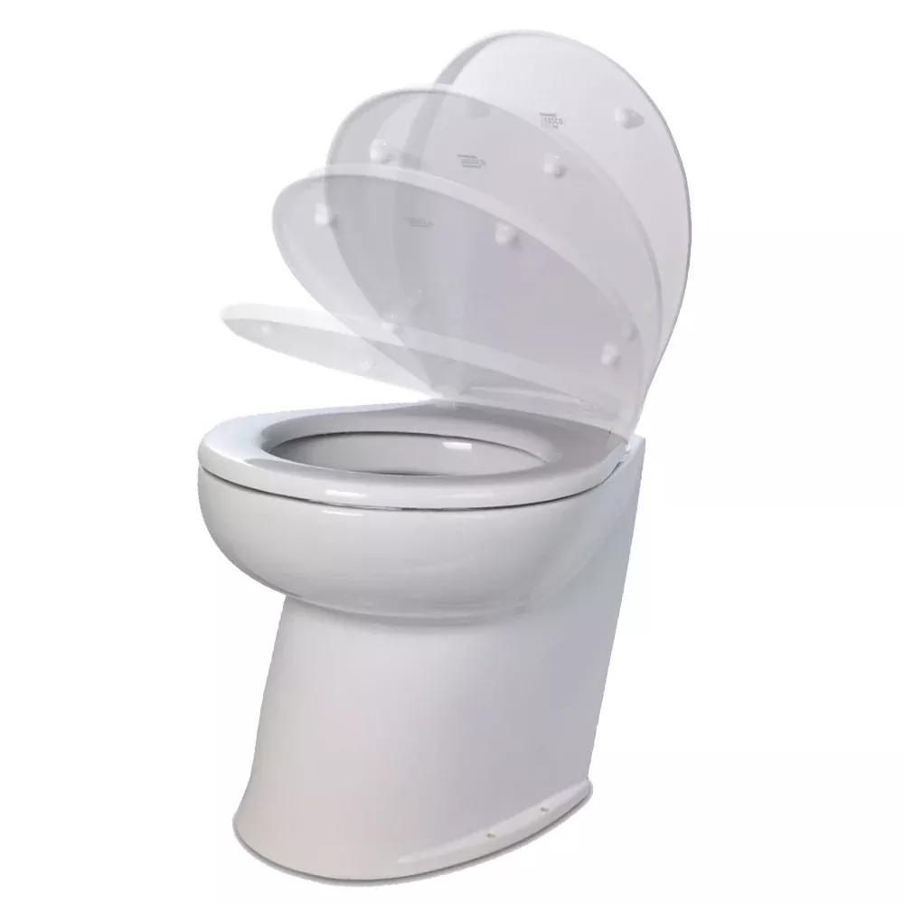 Jabsco Deluxe Flush 17″ Angled Back 12V Raw Water Electric Marine Toilet w/Remote Rinse PumpSoft Close Lid [58220-3012]