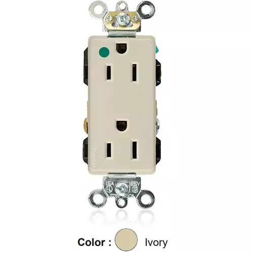 Leviton 16262-HGI, Decora Plus Straight Blade Duplex Receptacle, Extra Heavy-Duty Hospital Grade, Smooth Face, 15A 125V, NEMA 5-15R, 2-Pole, 3-Wire, Back and Side Wire, Ivory
