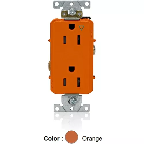 Leviton 16262-OIG, Decora Plus Straight Blade Duplex Receptacle, Heavy-Duty Industrial Specification Grade, Smooth Face, Isolated Ground, 15A 125V, NEMA 5-15R, 2-Pole, 3-Wire, Back and Side Wire, Orange