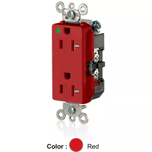 Leviton 16362-SGR, Decora Plus Straight Blade Duplex Receptacle, Extra Heavy-Duty Hospital Grade, Tamper-Resistant, Smooth Face, 20A 125V, NEMA 5-20R, 2-Pole, 3-Wire, Back and Side Wire, Red
