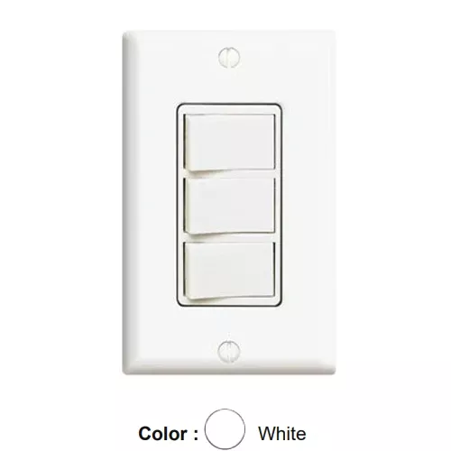 Leviton 1755-W, Decora Three Rocker Combination Switch, Individual Switches 15A 120V / Device Total 20A 120V, Ground Screw Terminals and Push-in Wiring, White