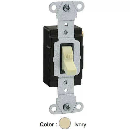 Leviton 18201-I, Standard Single-Pole Toggle Switch, Industrial Specification Grade, Canadian, 15A 347V AC, Non-Grounding, Back or Side Wire, Ivory