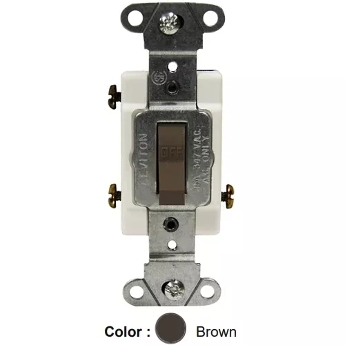 Leviton 18203-CB, Framed 3-Way Toggle Switch, Commercial Specification Grade, Canadian, 15A 347V AC, Non-Grounding, Side Wire, Brown