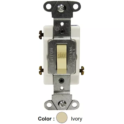 Leviton 18203-CI, Framed 3-Way Toggle Switch, Commercial Specification Grade, Canadian, 15A 347V AC, Non-Grounding, Side Wire, Ivory