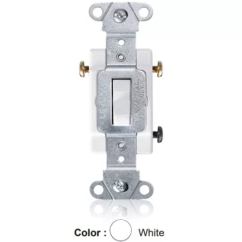Leviton 18203-W, Standard 3-Way Toggle Switch, Industrial Specification Grade, Canadian, 15A 347V AC, Non-Grounding, Back or Side Wire, White