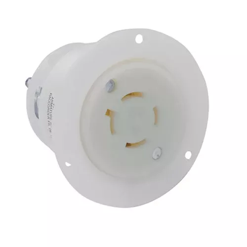 Leviton 2416, Flanged Outlet Locking Receptacle, Industrial Grade, 20A 125/250V, NEMA L14-20R, 3-Pole, 4-Wire, Grounding, White