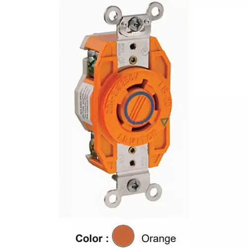 Leviton 2420-IG, Flush Mount Locking Receptacle, Industrial Grade, 3-Phase, 20A 250V, NEMA L15-20R, 3-Pole, 4-Wire, Isolated Ground, Orange