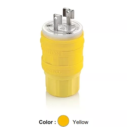 Leviton 24W04, Wetguard Watertight Locking Plug, Industrial Grade, 15A 125V, NEMA L1-15P, 2-Pole, 2-Wire, Non-Grounding, Yellow