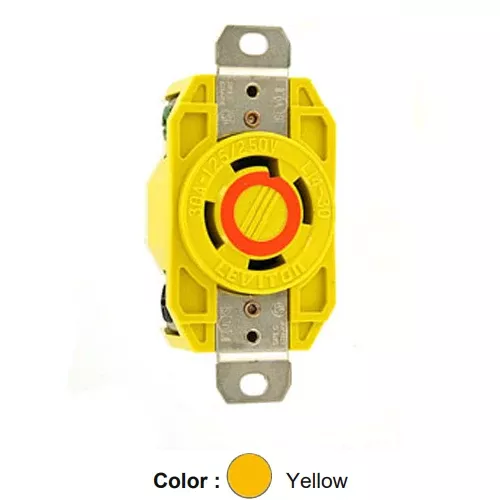 Leviton 27CM-10, Flush Mount Locking Receptacle, Industrial Grade, Corrosion Resistant, 30A 125/250V, NEMA L14-30R, 3-Pole, 4-Wire, Grounding, Yellow