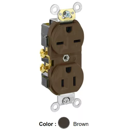 Leviton 5031, Standard Straight Blade Duplex Receptacle, Commercial Specification Grade, Dual Voltage, Indented Face, 15A 125/250V, NEMA 5-15R/6-15R, 2-Pole, 3-Wire, Side Wire Only, Brown