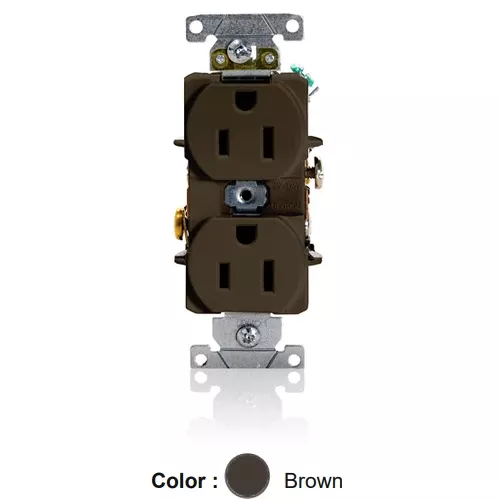 Leviton 5252, Standard Straight Blade Duplex Receptacle, Heavy-Duty Industrial Specification Grade, Smooth Face, 15A 125V, NEMA 5-15R, 2-Pole, 3-Wire, Back and Side Wire, Brown