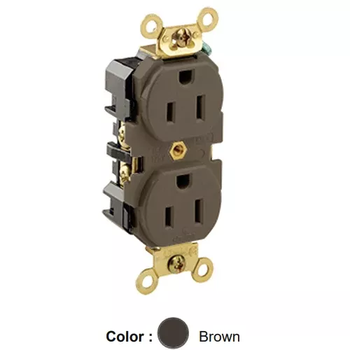 Leviton 5262, Standard Straight Blade Duplex Receptacle, Extra Heavy-Duty Industrial Specification Grade, Smooth Face, 15A 125V, NEMA 5-15R, 2-Pole, 3-Wire, Back and Side Wire, Brown