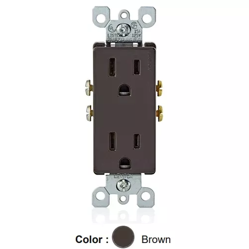 Leviton 5325, Decora Straight Blade Duplex Receptacle, Residential Grade, 15A 125V, NEMA 5-15R, 2-Pole, 3-Wire, Quickwire Push-In & Side Wired, Brown, 3 Packs