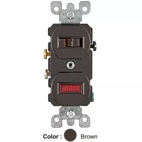Leviton 5336, Duplex Style Single-Pole/Neon Pilot AC Combination Switch, Commercial Grade, 20 Amp, 120 Volt, Non-Grounding, Side Wired, Brown
