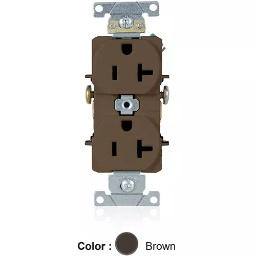 Leviton 5342, Standard Straight Blade Single Receptacle, Heavy-Duty Industrial Specification Grade, Smooth Face, 20A 125V, NEMA 5-20R, 2-Pole, 3-Wire, Side Wire Only, Brown