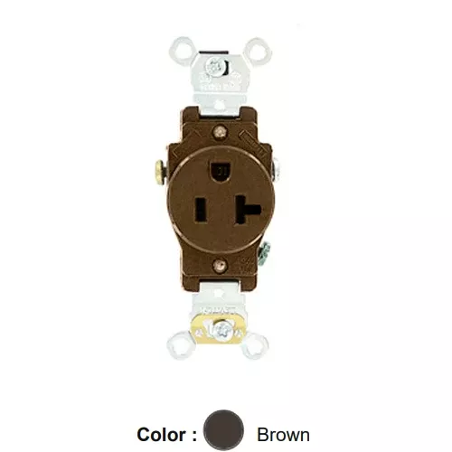 Leviton 5351, Standard Straight Blade Single Receptacle, Heavy-Duty Industrial Specification Grade, Smooth Face, 20A 125V, NEMA 5-20R, 2-Pole, 3-Wire, Side Wire Only, Brown