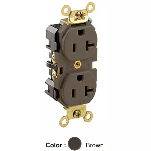 Leviton 5362, Standard Straight Blade Duplex Receptacle, Extra Heavy-Duty Industrial Specification Grade, Smooth Face, 20A 125V, NEMA 5-20R, 2-Pole, 3-Wire, Back and Side Wire, Brown
