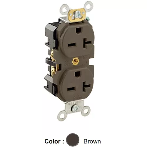 Leviton 5462, Standard Straight Blade Duplex Receptacle, Heavy-Duty Industrial Specification Grade, Smooth Face, 20A 250V, NEMA 6-20R, 2-Pole, 3-Wire, Back and Side Wire, Brown