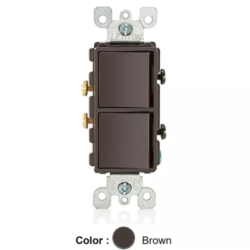 Leviton 5634, Decora Single-Pole/Single-Pole AC Combination Switch, Residential Grade, 15 Amp, 120/277 Volt, Grounding, Side Wired, Brown