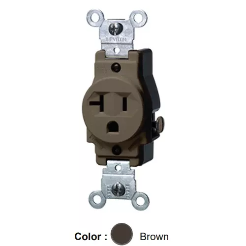 Leviton 5801, Standard Straight Blade Single Receptacle, Commercial Specification Grade, Indented Face, 20A 125V, NEMA 5-20R, 2-Pole, 3-Wire, Side Wire Only, Brown