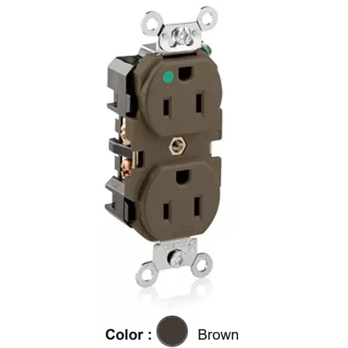 Leviton 8200, Standard Straight Blade Duplex Receptacle, Extra Heavy-Duty Hospital Grade, Smooth Face, 15A 125V, NEMA 5-15R, 2-Pole, 3-Wire, Back and Side Wire, Brown