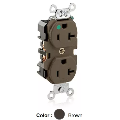 Leviton 8300, Standard Straight Blade Duplex Receptacle, Extra Heavy-Duty Hospital Grade, Smooth Face, 20A 125V, NEMA 5-20R, 2-Pole, 3-Wire, Back and Side Wire, Brown