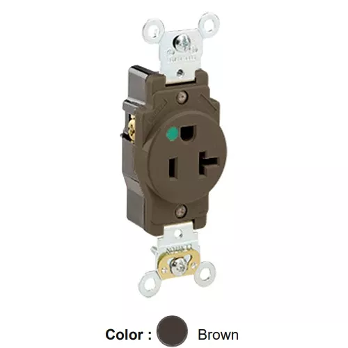 Leviton 8310, Standard Straight Blade Single Receptacle, Heavy-Duty Hospital Grade, Smooth Face, 20A 125V, NEMA 5-20R, 2-Pole, 3-Wire, Back and Side Wire, Brown