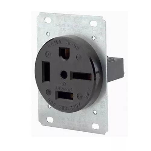 Leviton 8460, Straight Blade Flush Mount Receptacle, Industrial Grade, 3-Phase, 60A 250V, NEMA 15-60R, 3-Pole, 4-Wire, Grounding, Side Wire, Steel Strap, Black