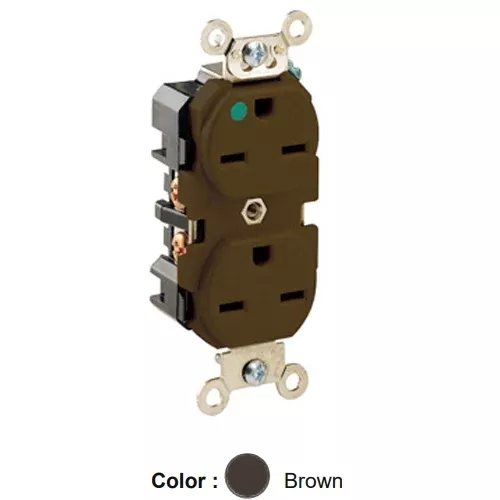 Leviton 8600, Standard Straight Blade Duplex Receptacle, Extra Heavy-Duty Hospital Grade, Smooth Face, 15A 250V, NEMA 6-15R, 2-Pole, 3-Wire, Back and Side Wire, Brown