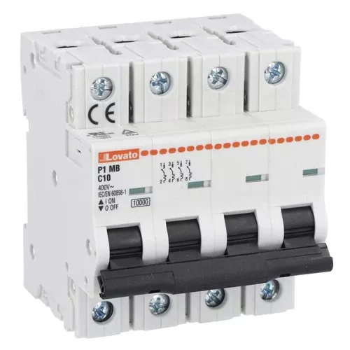 Lovato P1MB4PC01, Miniature Circuit Breaker, Thermal and Magnetic Trip Type, Four Pole (4P), 10kA, 4 Modules, C-Curve Characteristic, 1A