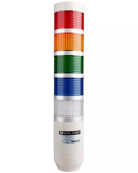 Menics PRE-502-RYGBC 56 mm 5 Stack LED Tower Light, Red Yellow Green Blue Clear, Steady, 24V