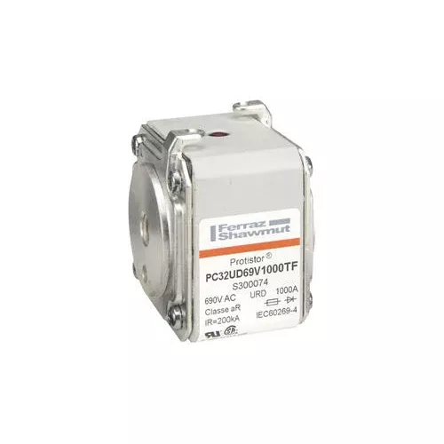 Mersen S300074, Square Body High-Speed Fuse, Fast Acting, Size 32 aR, 690/700VAC, 1000A, With Striker Flush ends metric threads