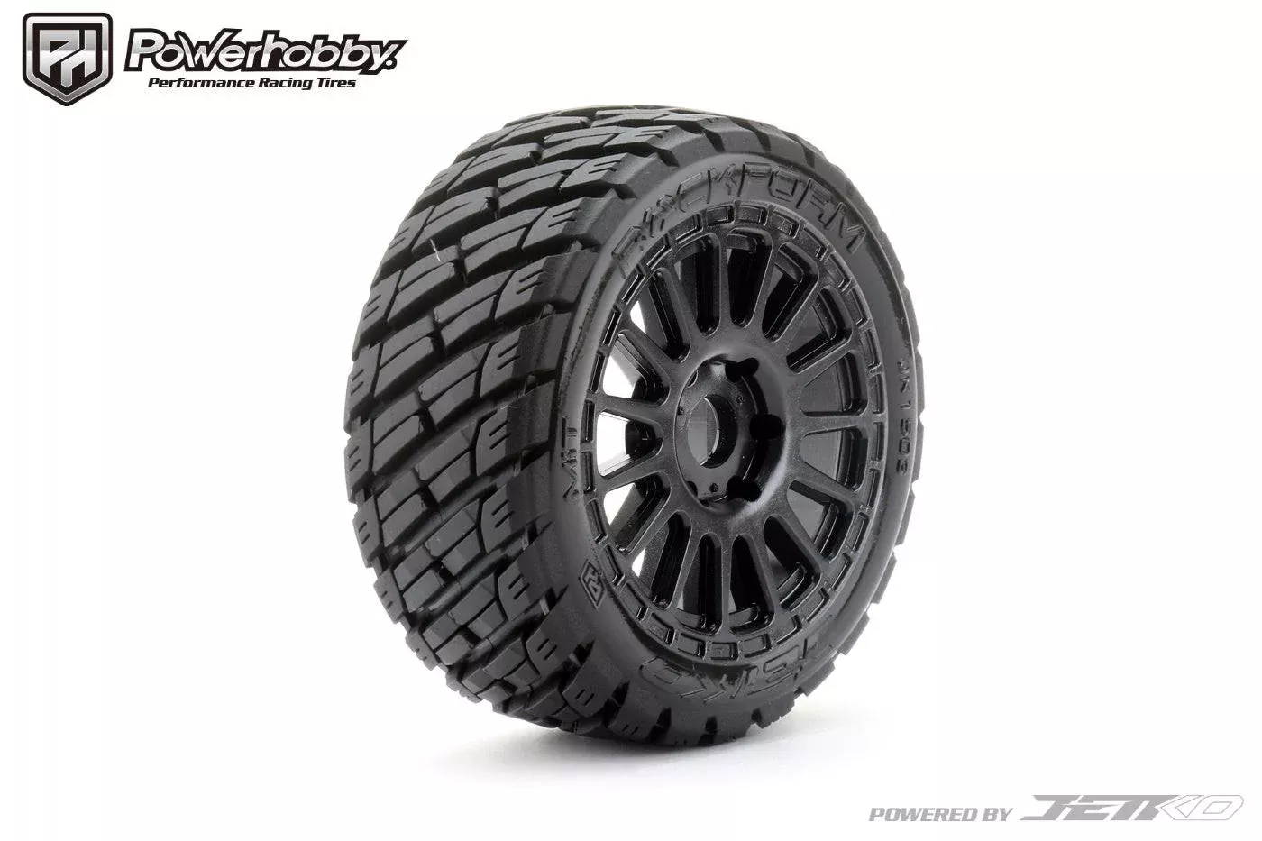 Powerhobby 1/8 Buggy Rockform Belted Tires Mounted on Black Radial Rims