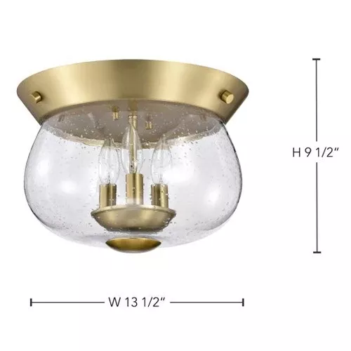 Satco 60-7807, BOLIVER 3 LIGHT FLUSH MOUNT, 120V, 60W, Candelabra Base, Vintage Brass Finish, Clear Seeded Glass