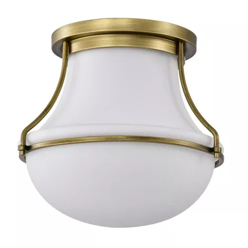 Satco 60-7861, VALDORA 1 LIGHT 14" FLUSH, 120V, 60W, Medium Base, Natural Brass Finish, White Opal Glass