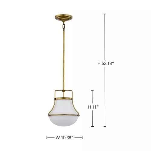 Satco 60-7862, VALDORA 1 LIGHT 10" PENDANT, 120V, 60W, Medium Base, Natural Brass Finish, White Opal Glass