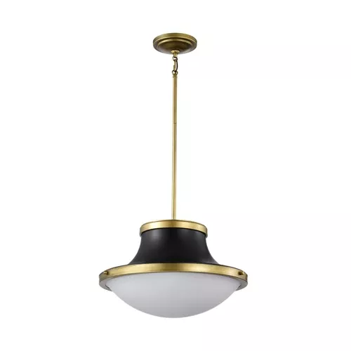 Satco 60-7908, LAFAYETTE 3 LIGHT 18" PENDANT, 120V, 60W, Medium Base, Matte Black Finish with Natural Brass Accents and White Opal Glass