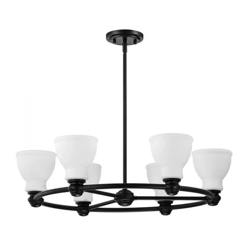 Satco 60-8027, RUSSEL 6 LIGHT CHANDELIER, 120V, 60W, Medium Base, Matte Black with Satin White Glass